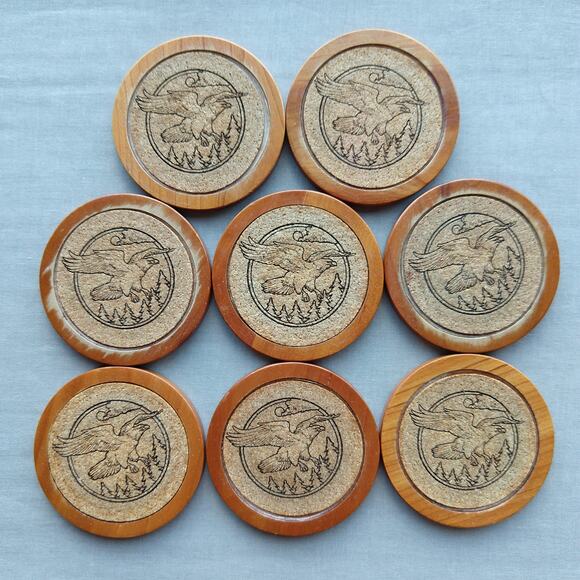 Wilderness Woods Eagle Box & Set of 8 Cork Coasters laser etched wood vintage - Picture 12 of 15